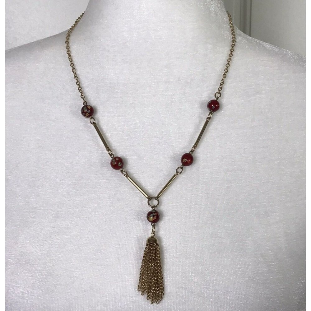 VTG 70's Sarah Coventry Gold Tone Venetian Treasure Red Glass Bead Necklace
